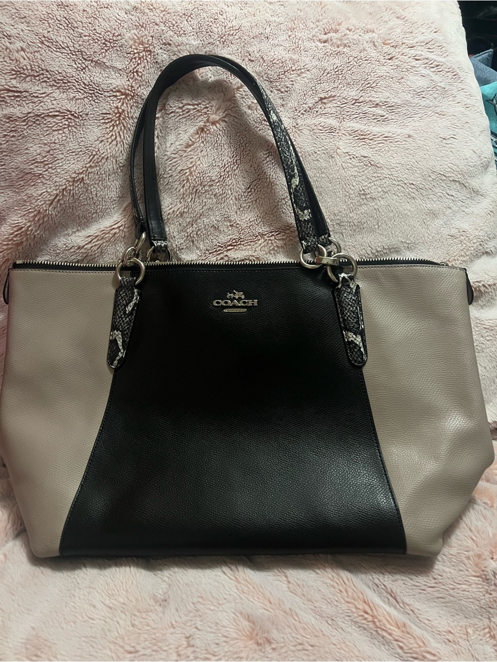 Coach Two-Tone Black and Taupe Leather Ava Tote with Snake-Print Strap Handbag